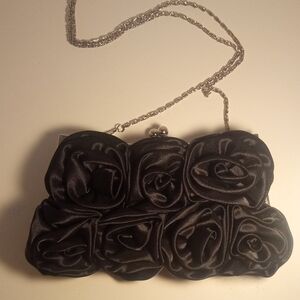 NWOT Elegant Black Satin Rose Clutch Purse With Detachable Shoulder Strap